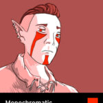 animation frame with elf wearing a tunic and red facepaint, demonstrating a monochromatic color scheme