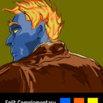 animation frame of a blue-skinned human with fire for hair against a deep mustard background, demonstrating a split-complementary color scheme