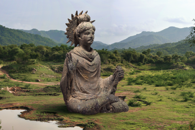 Photo-illustration of a Buddha statue looming over a landscape, with trees covering the hills in the background and a scrubby, grassy clearing in the front.