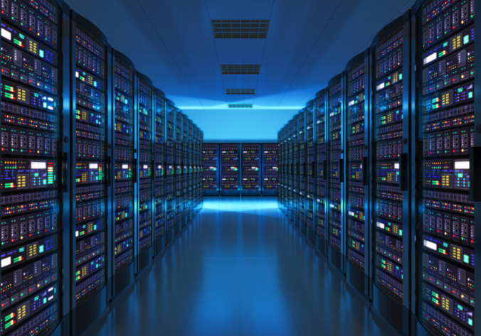 CG image of a moodily lit server farm
