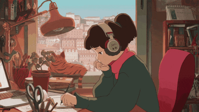 Animated gif of a young woman studying near a window