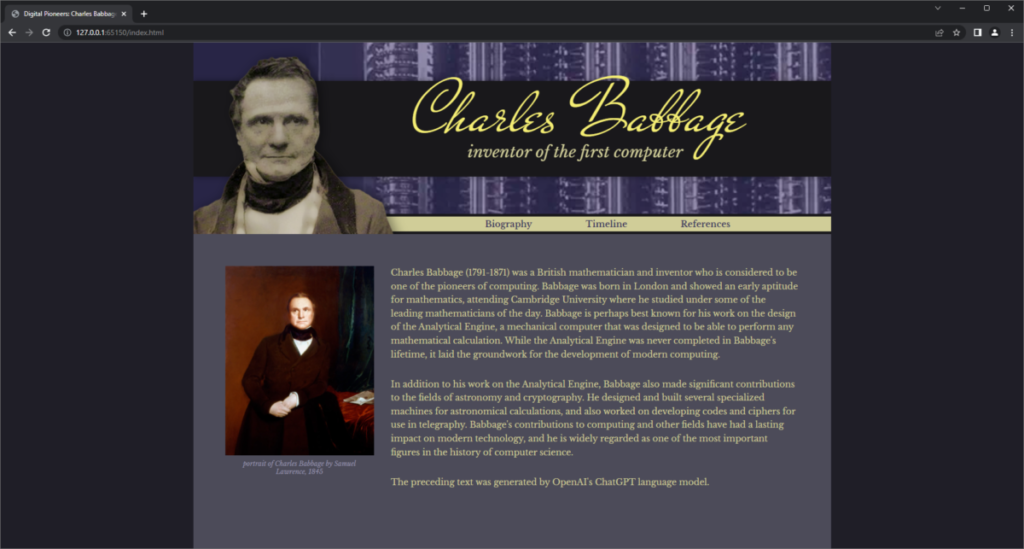 screenshot of biography page