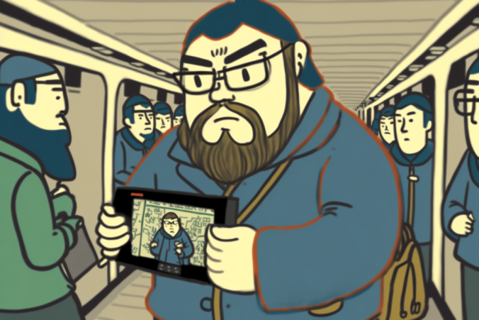 cartoon image of Kublai Khan playing Nintendo Switch on the subway, generated by AI