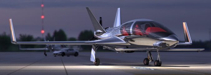 A small futuristic airplane with a mirror-finish paint job parked at an airfield