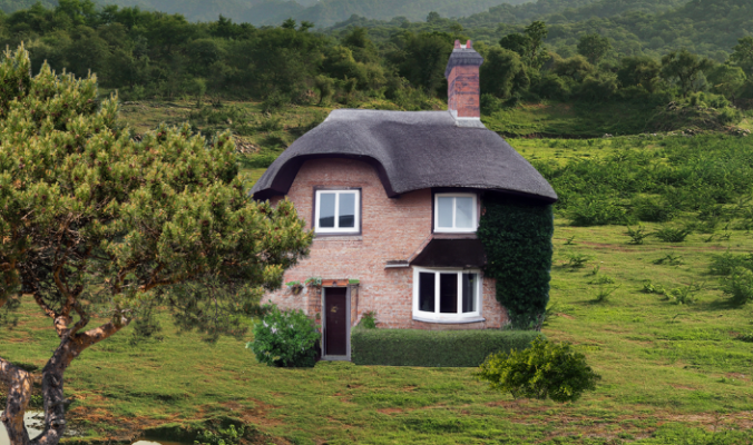 a photocollage of a cottage in a green field