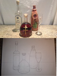 Drawing of three bottles and one glass. (Spring/2014)