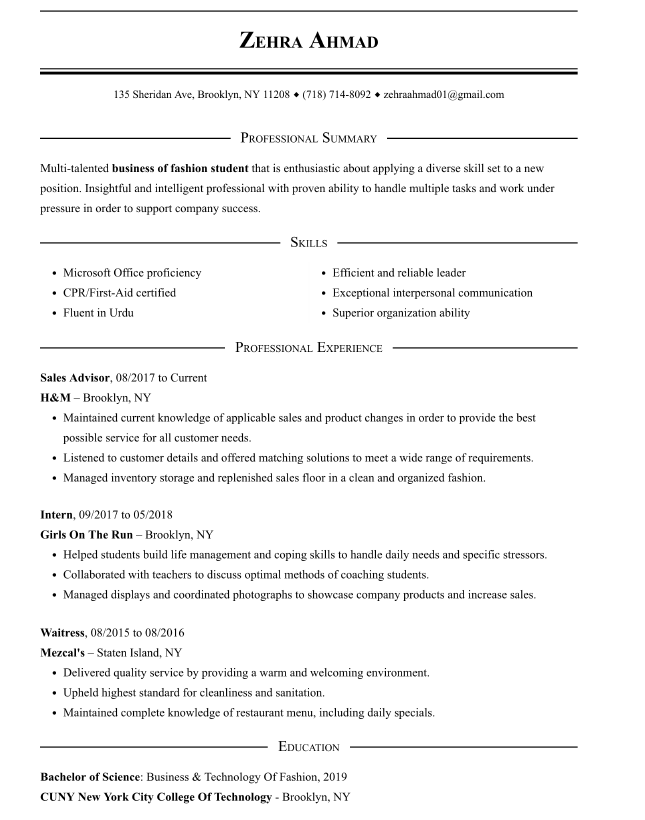 Resume | Zehra Ahmad's ePortfolio